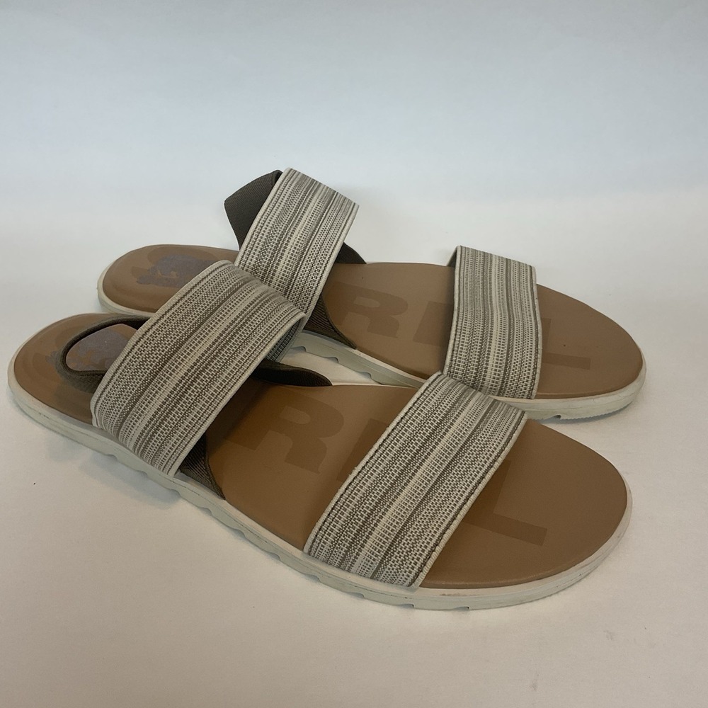 SOREL Ella Striped Sandals- Size 9 Flat Strappy Beige Worn Once